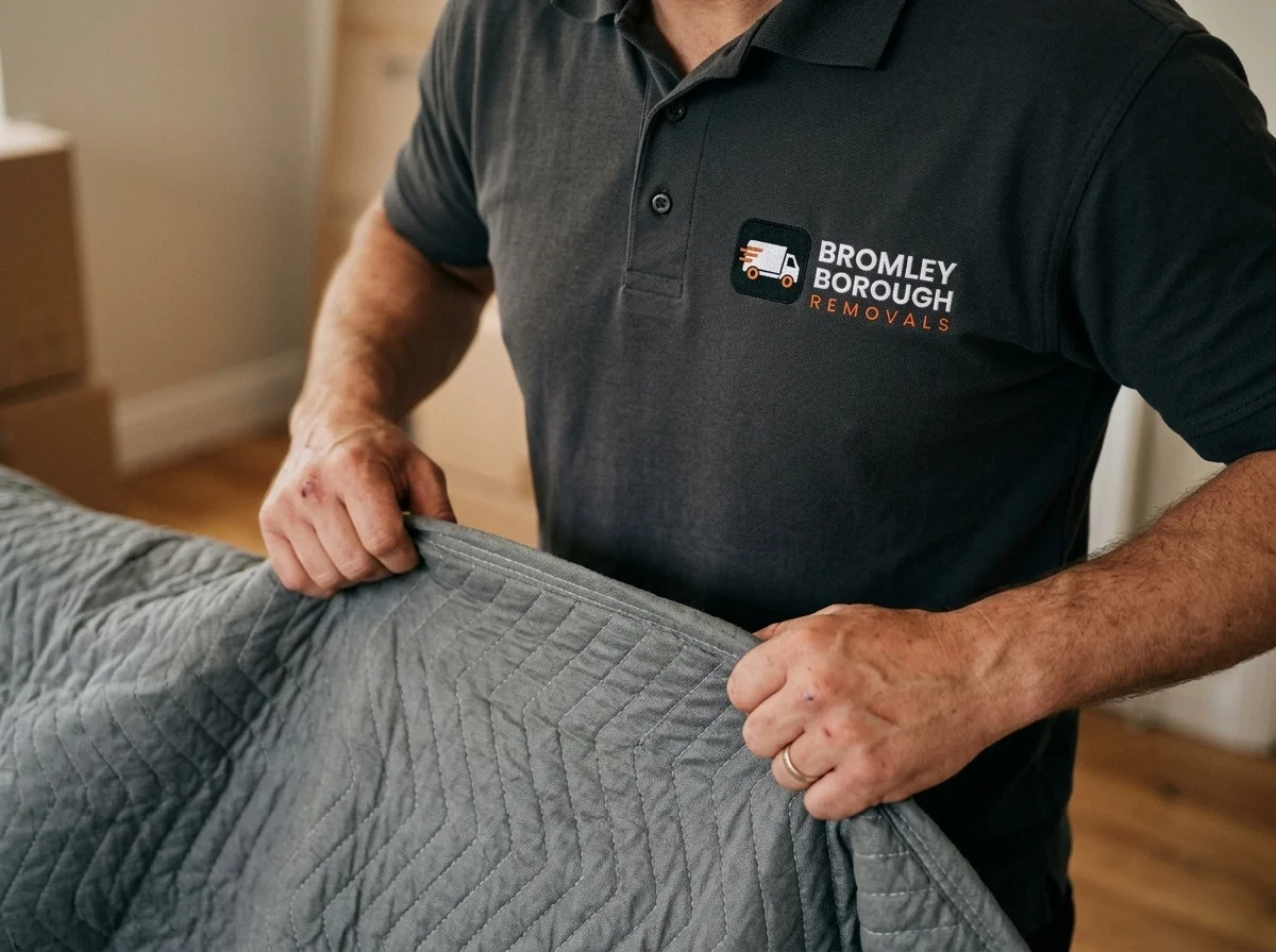 Bromley Borough Removals mover carefully wrapping furniture in a moving blanket