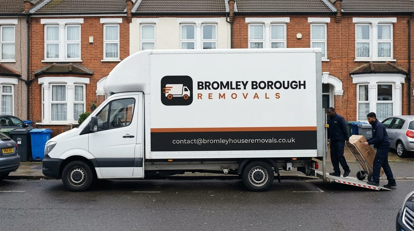 Bromley Borough Removals movers loading boxes into the van on a local Bromley street